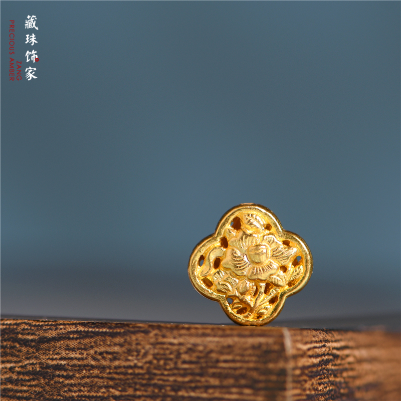金手工錾刻24K古法黄金牡丹隔珠