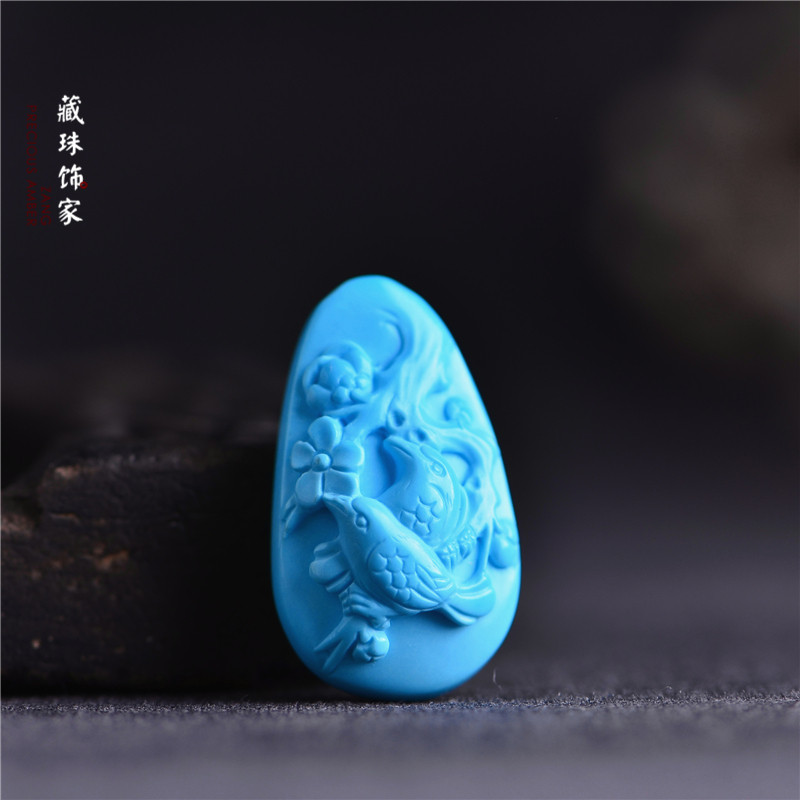 藏珠饰家 天然原矿绿松石苏工精雕吊坠 喜上枝头 睡美人高蓝瓷松3