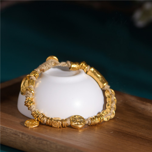 錾刻古法黄金龙牌太岁黄财神手链