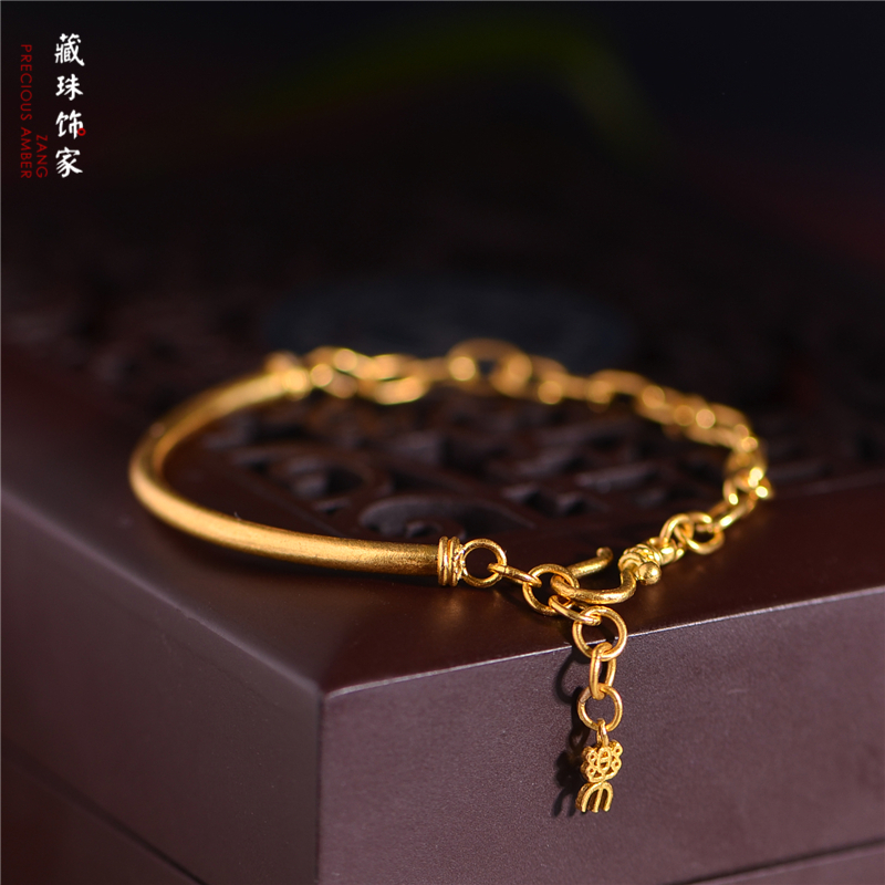 足金手工錾刻古法黄金手镯手串