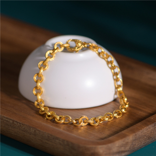 藏珠饰家 复古质感情侣 足金手工錾刻古法黄金圆满手链实心时尚