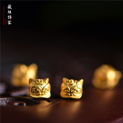 足金手工錾刻黄金福字醒狮隔珠