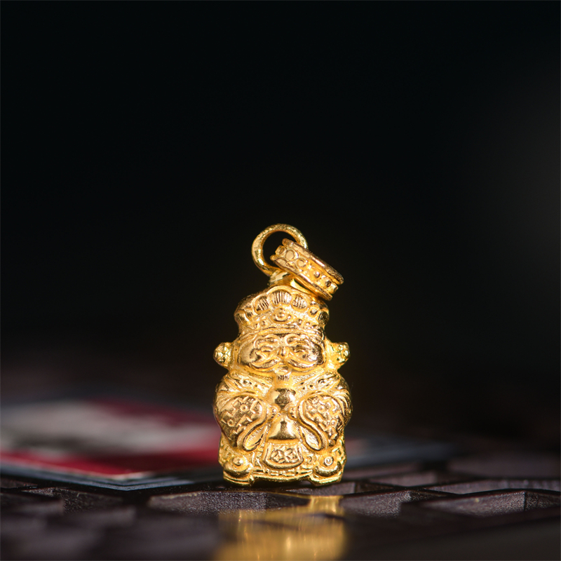 足金手工錾刻古法黄金财神爷吊坠