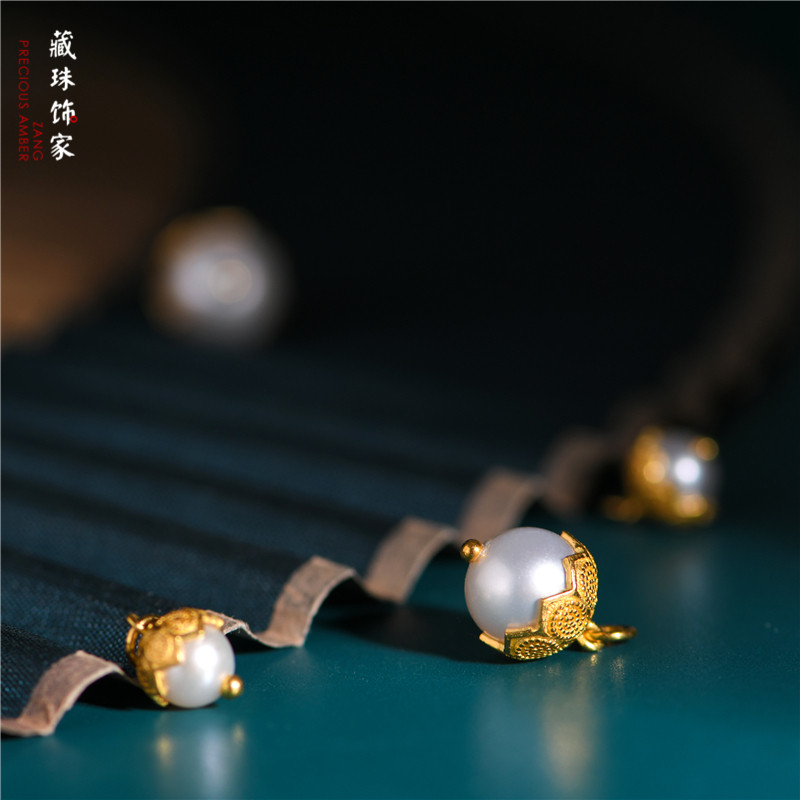 藏珠饰家 足金手工錾刻黄金 珍珠镶嵌莲花包金 吊坠手链配件