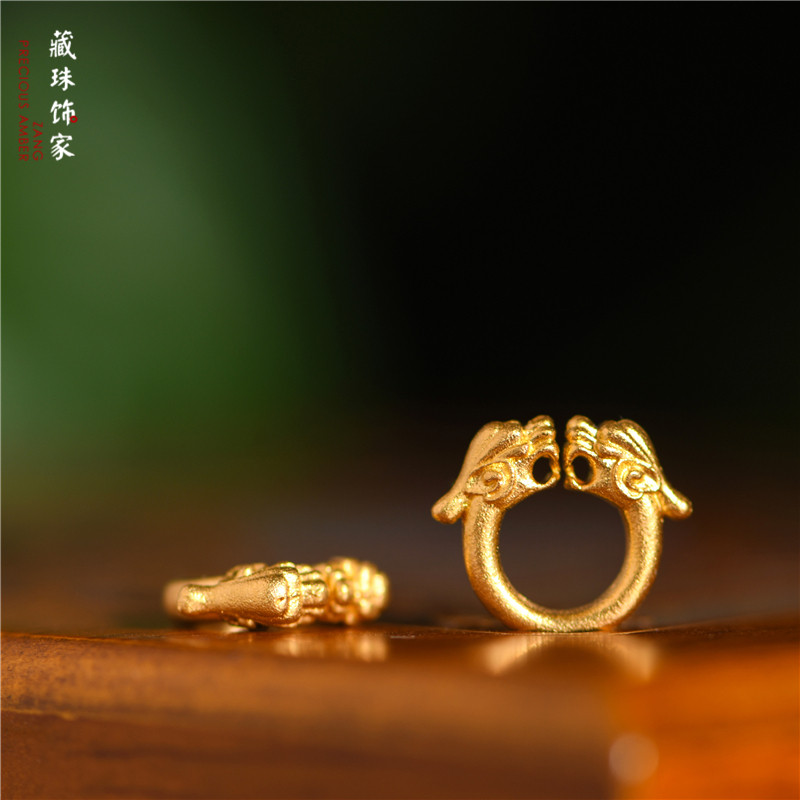 藏珠饰家 足金手工錾刻古法黄金 玉猪龙环形配饰手链手串吊坠配件