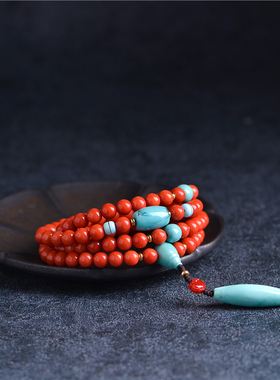 藏珠饰家 日本纯天然有机红宝石 108圆珠手串佛珠手链绿松搭配6