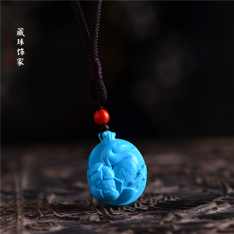 藏珠饰家 天然原矿睡美人绿松石吊坠 一路连科 苏工精雕高蓝瓷松