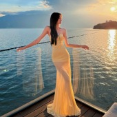 法式 黄色网纱抹胸连衣裙女夏季 性感辣妹度假风收腰包臀鱼尾长裙子