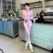 连体衣2025春季 新款 居家修身 纯欲风辣妹纯色圆领拉链长袖 连体短裤