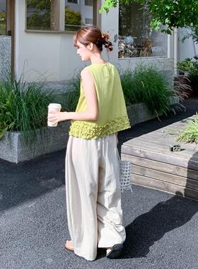 黄绿色度韩版减龄C006-E45假风穿女夏搭日木耳边无袖背件心阔腿裤
