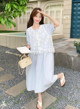 浅朵连蓝色森系蕾花罩衫衣裙套装c307-937女夏新款丝圆领字裙两件