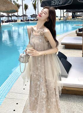 法超仙网式纱亮带连衣裙女夏新片款吊海边度假风氛D050-A26围感长