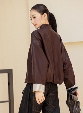 复古高级皮衣外套女秋袖拼接口设季计感夹克感YG83002-上衣