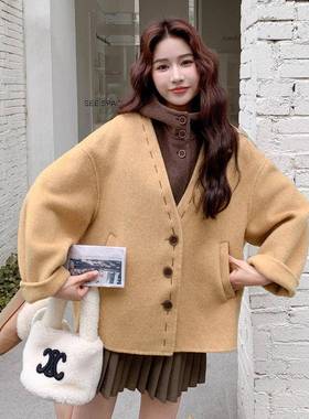 黄色双面呢羊大衣子女冬季新款C212-G18韩版小个连帽毛呢毛甲两件
