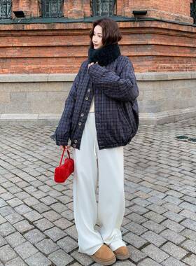 古毛领纹款拼接羽绒服女冬格季c172-D25中长小个子两面穿设计感复