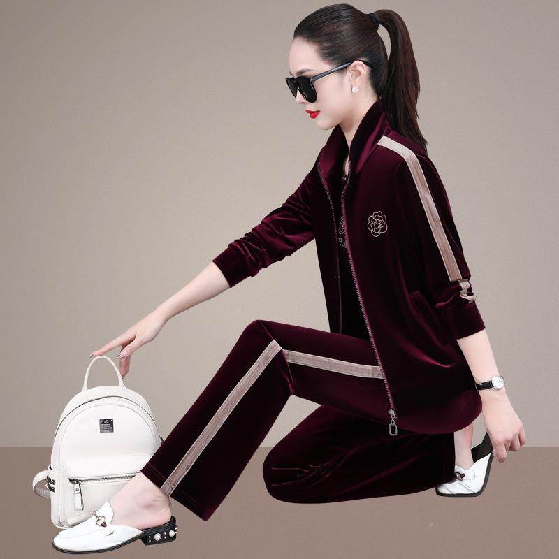 洋76202902气立领金丝套装女春季新绒款卫衣秋百休搭闲服三件套