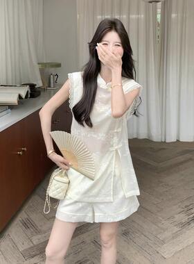 白色清纯系少女感风装夏新D045-989款蕾丝国套绣花盘扣两背心短裤