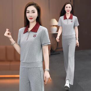 时阔尚翻件领运动套装女显夏季新款洋气短袖腿裤瘦167-6203休闲服