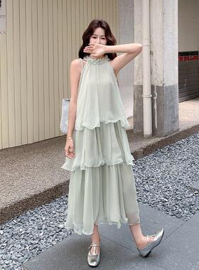 浅式绿色法绝气质花边蛋糕挂裙脖连衣女夏新C517-977款超仙美减龄