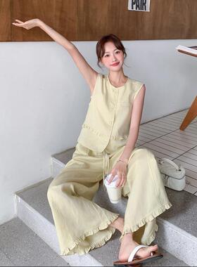 奶黄色韩一整套穿搭女新袖款花边C215-937无马甲系阔夏腿裤两件套