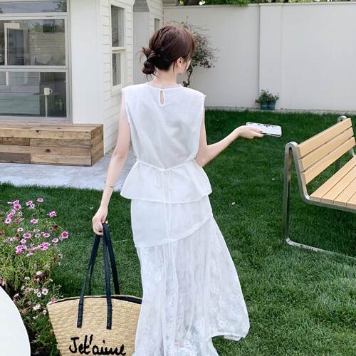 衣白色无袖上D055-606装女夏季新风款轻熟不规则半身裙两件套套级