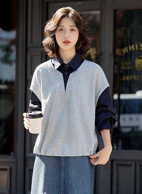 码大胖m宽松B2025秋新款蓝色LB2885-0条纹衬m衫袖拼接休闲假两件