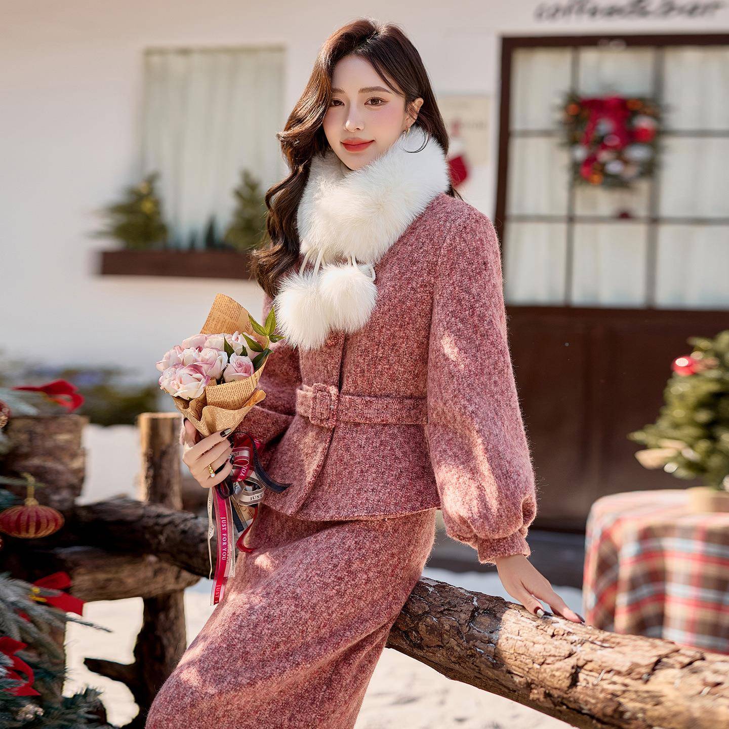 ZQ-F32-1小毛香风裙呢套装裙女205冬季毛毛围脖羽绒外套半身两件2