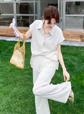 色休闲风气套装女款夏新质2B16-ST设计感衬衫蕾丝吊带阔腿米裤三
