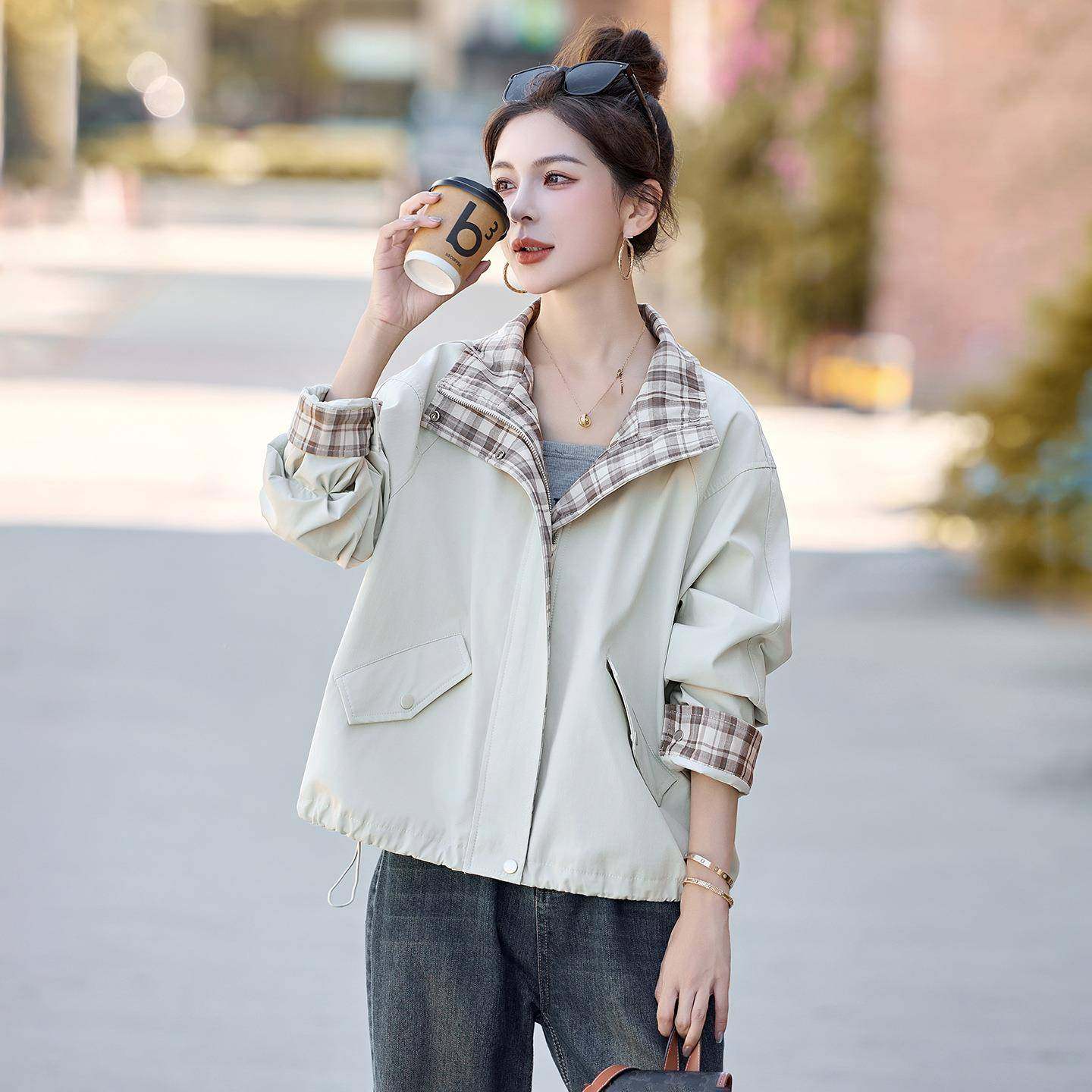 2MU8085-00U2夹5秋季新款女装洋气尚宽松格子拼接克上衣时休闲外