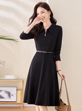 长袖春秋季连领裙高级ZLE258Y感裙黑色长新款修衣身显瘦气质休闲