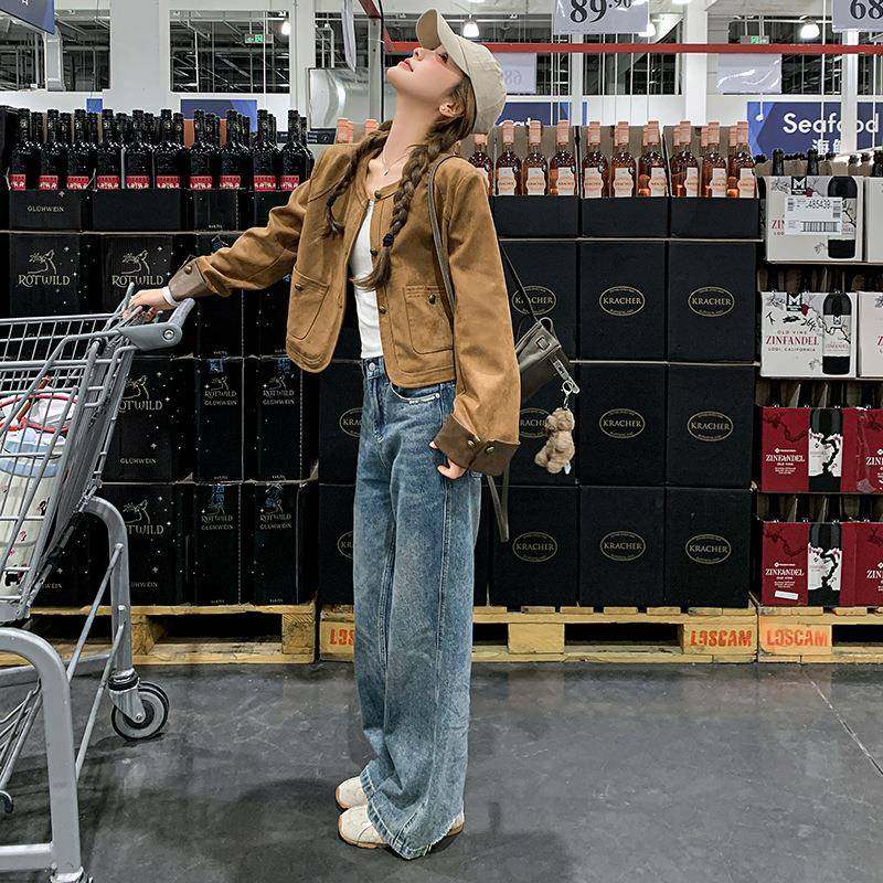 复古短款外套女装新百圆款休秋闲领开衫搭美式气质皮夹ZR2D009克