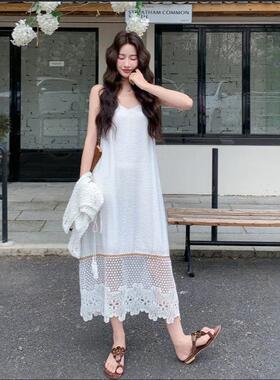 夏季款洋气蕾花钩背心丝AG2619-0宽松吊带长裙两件新套连衣裙