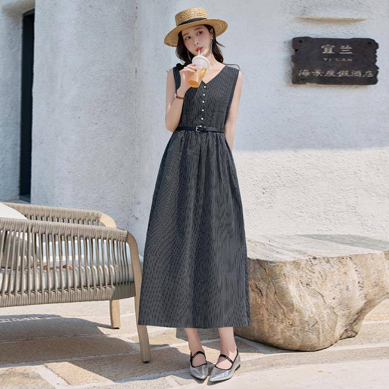 时尚收腰腰松系带长裙款显瘦紧无袖条纹大码ZH9505-0连新衣裙