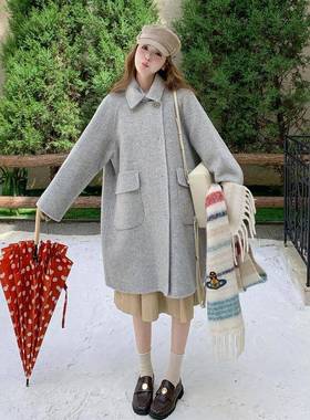 衣c201-887浅灰色韩系学院风双呢毛大女冬宽松休面闲中长款羊毛呢