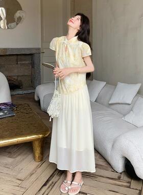 浅黄色新式风温C028-653柔风连衣纱裙女中夏季新国款绣花网拼接字