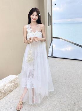色夏超仙气度假风镂空蕾丝连衣背裙白日浪漫风情立体d052-c22花朵