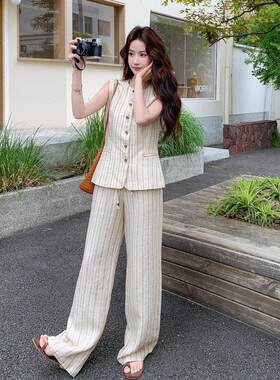 复古钱风2B081-77亚竖条纹麻套装女夏季老法式气质马甲腿长裤两件