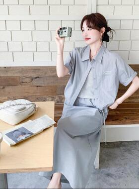 灰色韩系d021-76休工装风短袖衬衫套装裙女夏新款裙高半腰身两闲
