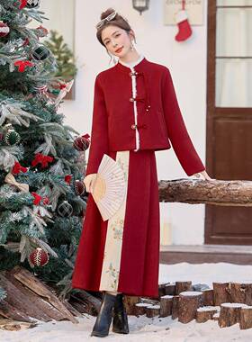 红色富金家千时尚套装2025季新ZQ-F29-1款新中式绒外套半裙两件套