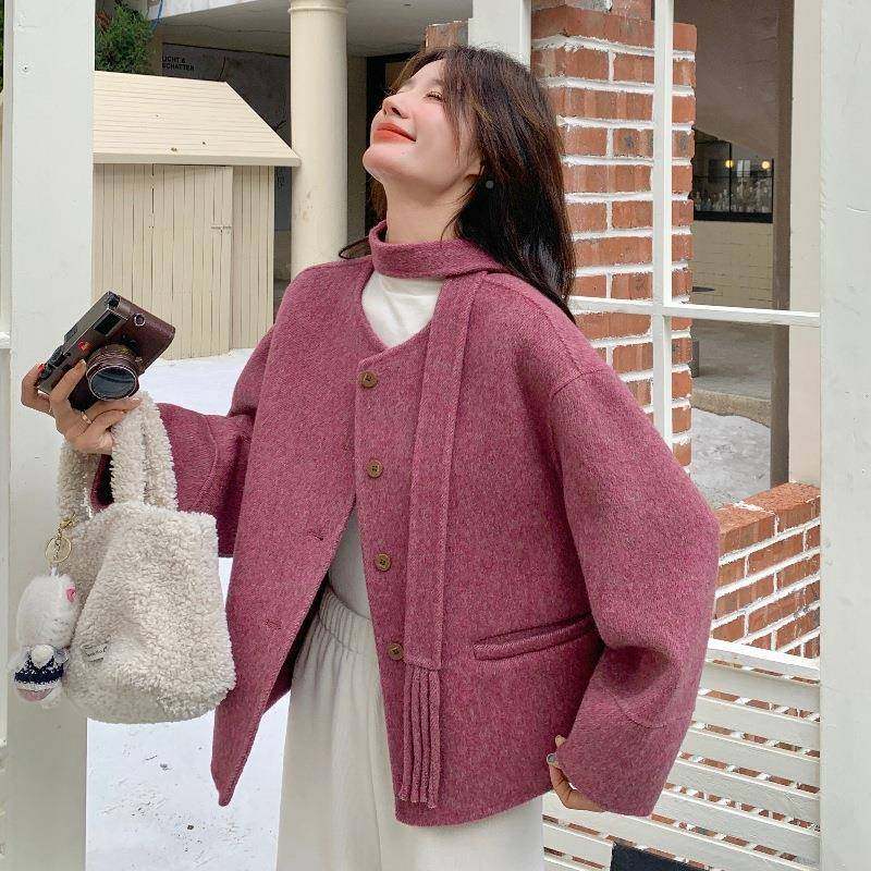 树莓紫双面呢大衣女款呢秋冬款巨新好带看小个子c20-D91短款飘毛