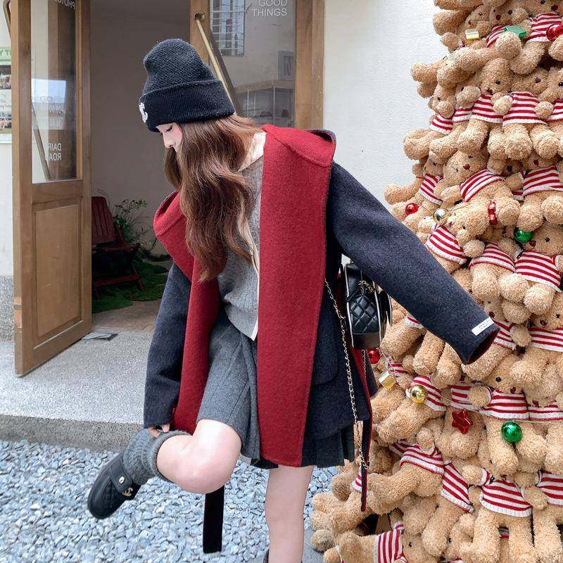 韩系呢撞c182-811色连帽双面羊毛大衣女套冬季新款高深级感灰色毛