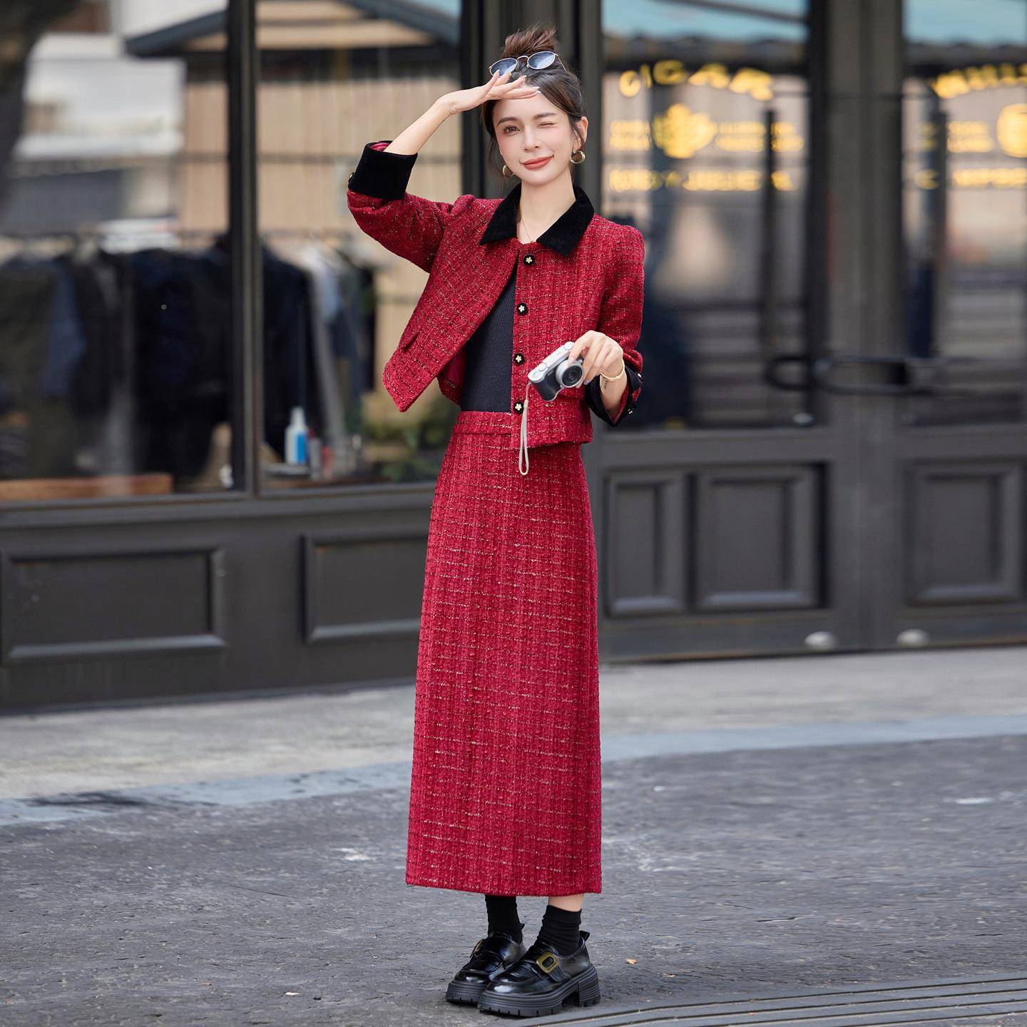 小香风套装女秋冬季20件2名5新款气质媛外套高YF2631-1腰半裙两套