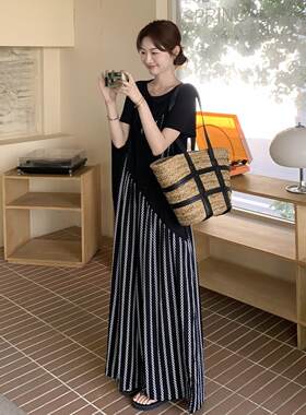 竖条纹计感D09-660小宽背带裤女夏新款套装松慵懒风阔众腿裤设两