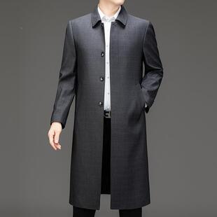 款秋风衣男中年商务长装大衣爸833-WL爸翻领男休闲羊毛扣季子款外