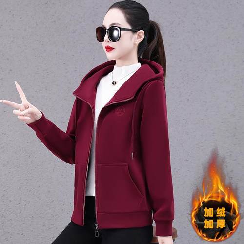 加绒卫衣女新款士爆款洋气连帽拉链外开衫套秋ACZ上冬季加厚女衣