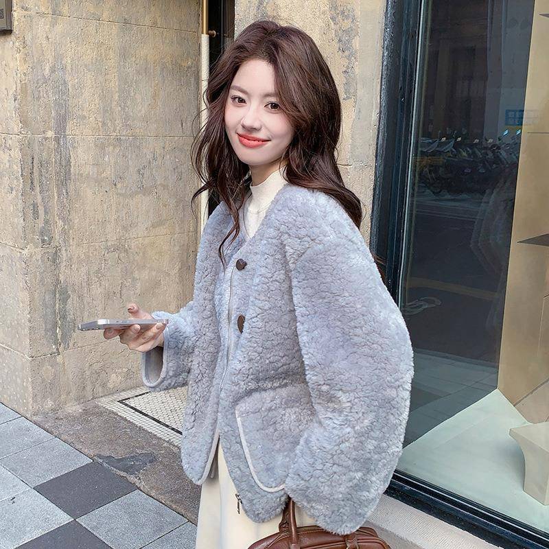 灰质色气D11-C99仿毛一体羊羔毛套女冬季新款外小皮个子短款加厚