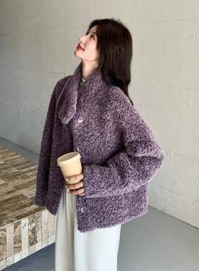 紫色短暖超好看立领羊羔毛外套女冬小c201-889个款子保一减龄仿皮