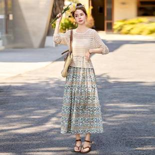 版 秋新款 女设计镂感百搭上衣碎花半身裙三 套装 空针ZYI2558F织韩衫