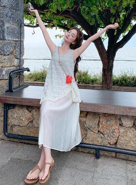 不米则女白色甜美度假风规拼接连衣裙年夏季新D012-A17款假两件背
