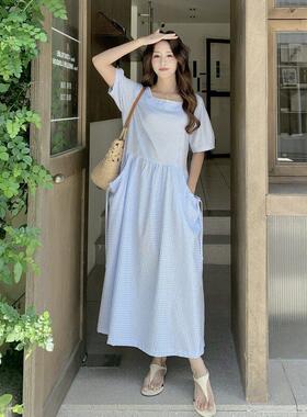 蓝色韩系时尚龄格松纹连裙衣女初夏新款弛感方领C15-8抽绳长浅裙